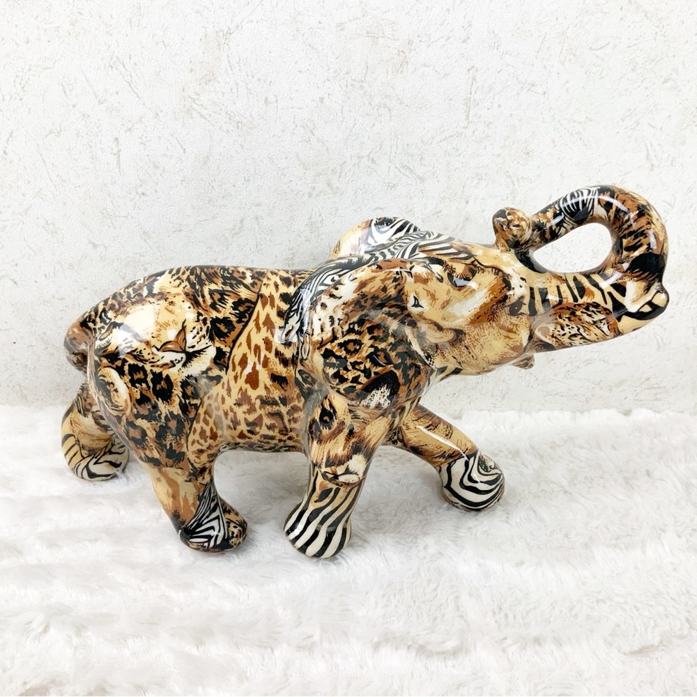 Vintage La Vie Safari Decoupage Patchwork Elephant Ceramic African Style Jungle